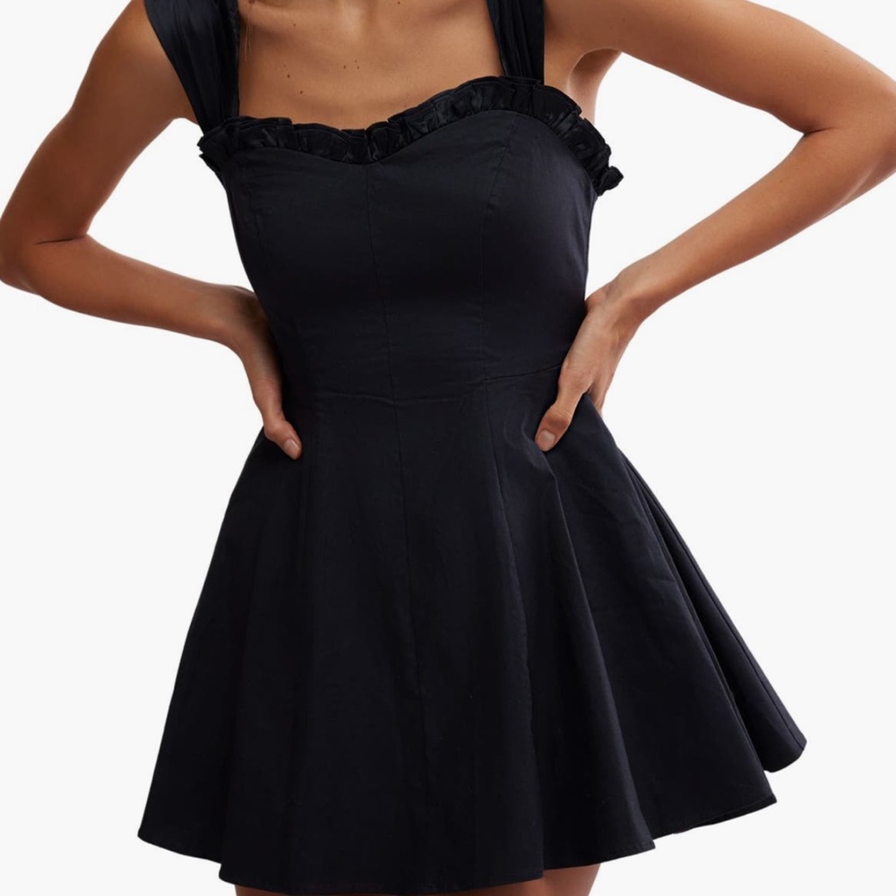 Free people Black Fit & Flare Mini Dress Ruffle Trim Straps Size S NWT